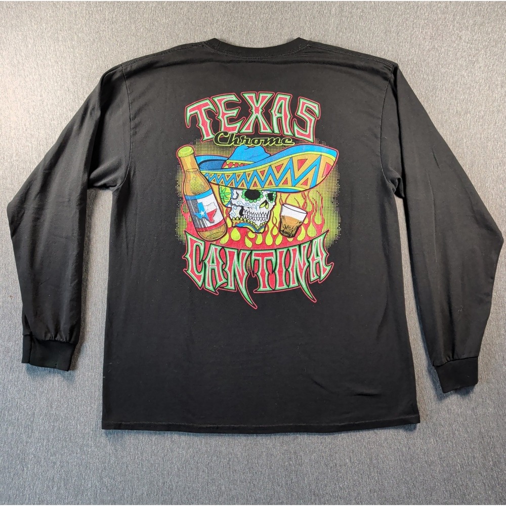 Gildan T-Shirt Men L Black Good Texas Chrome Cantina Sugar Skull Graphic LS